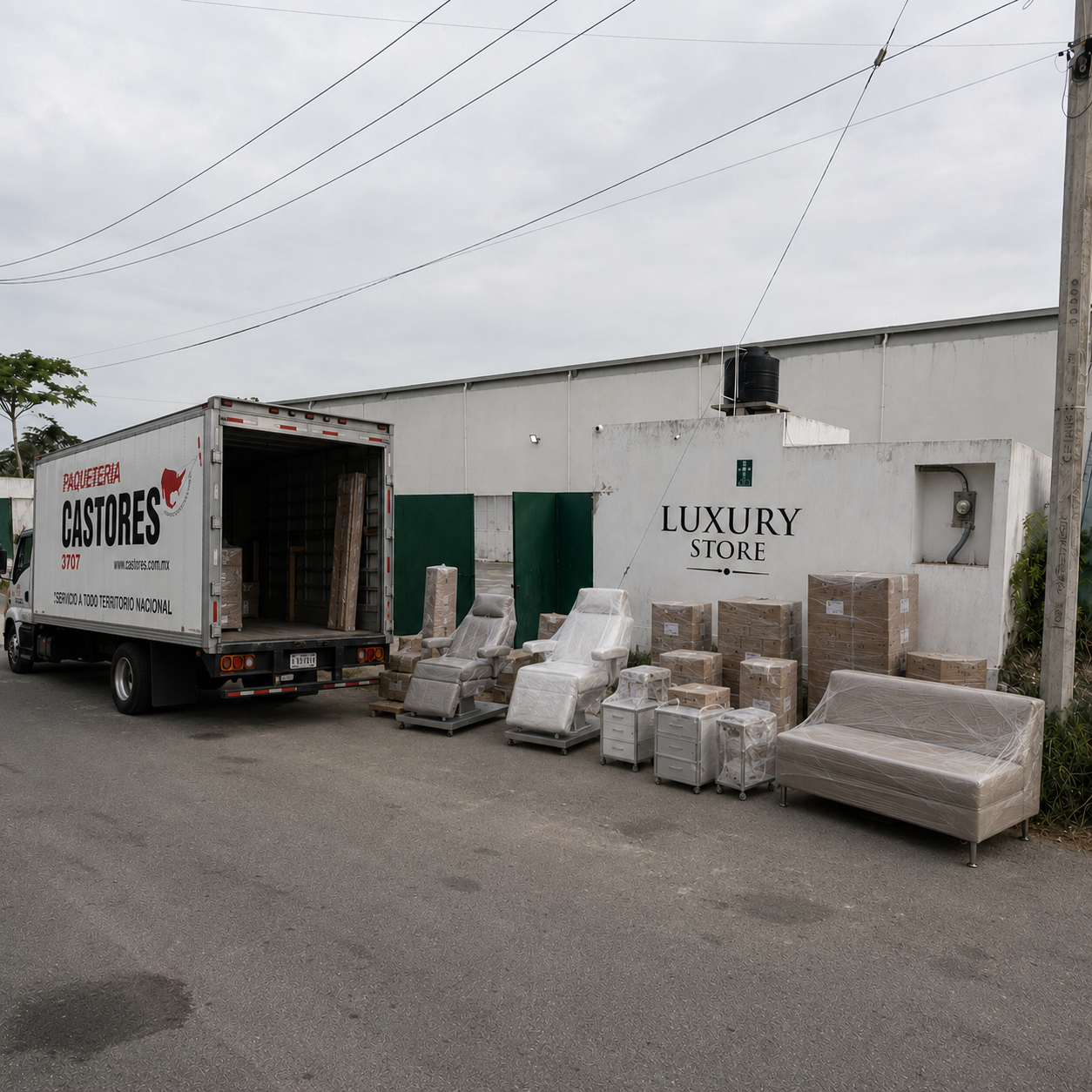 Paquetería Castores cargando mobiliario en bodega Luxury Store, Campeche